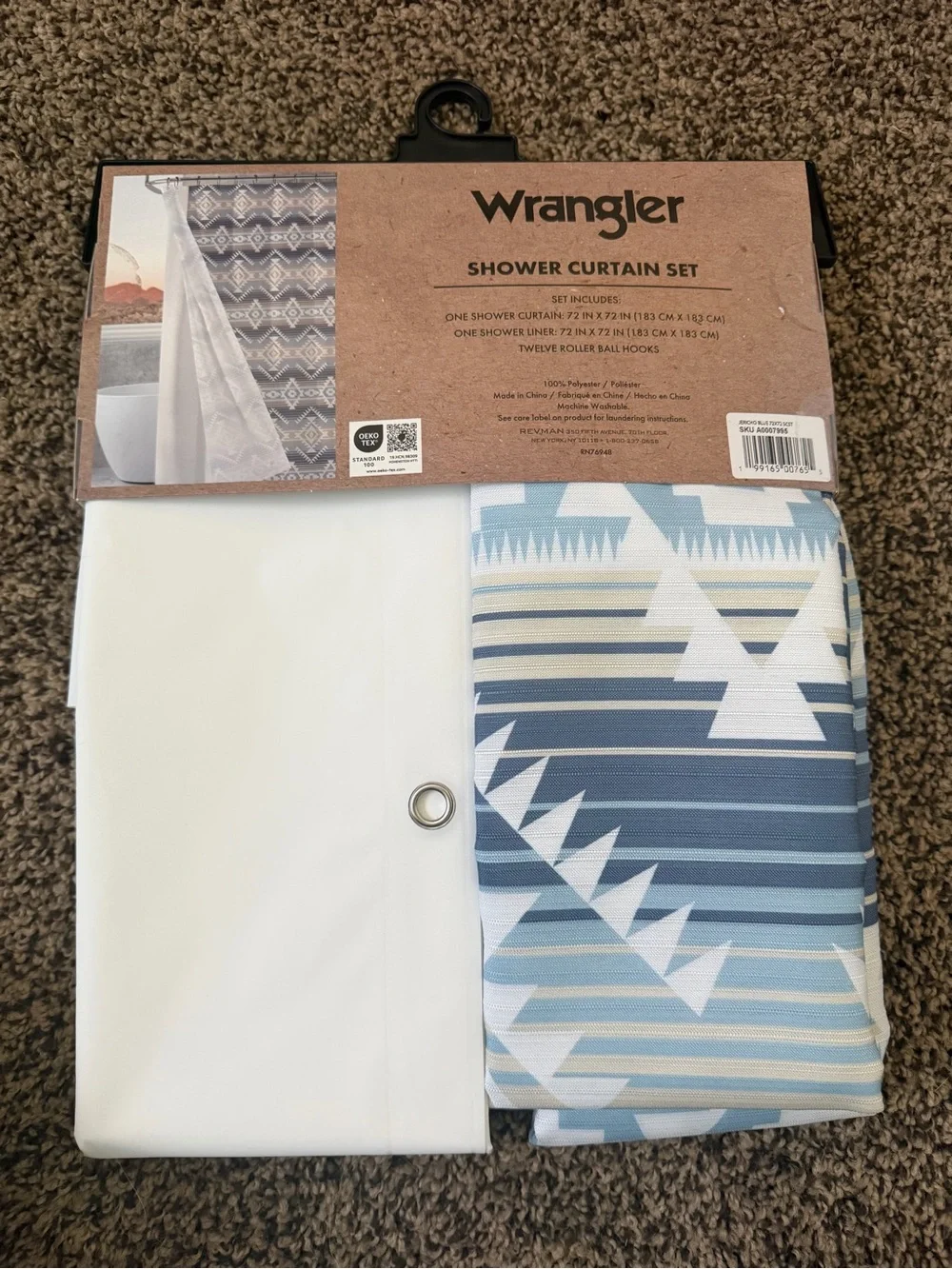 Wrangler Blue and White Geometric Stripe Shower Curtain Set